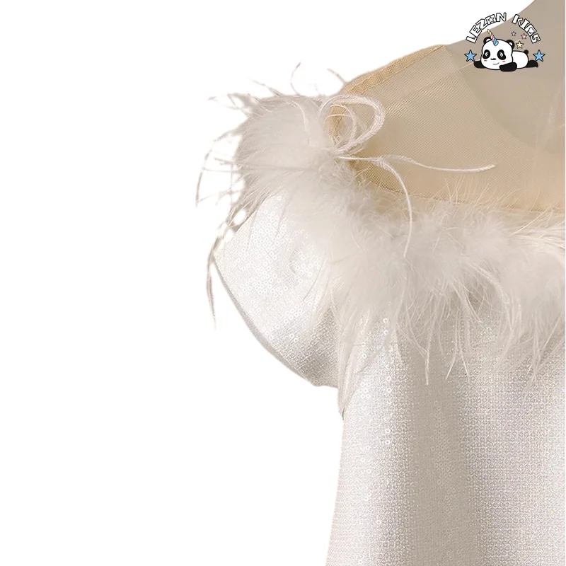 LEZONKIDS - Short Sleeved Sequin Dress feather decoration kids dress off-Shoulder party girls dress